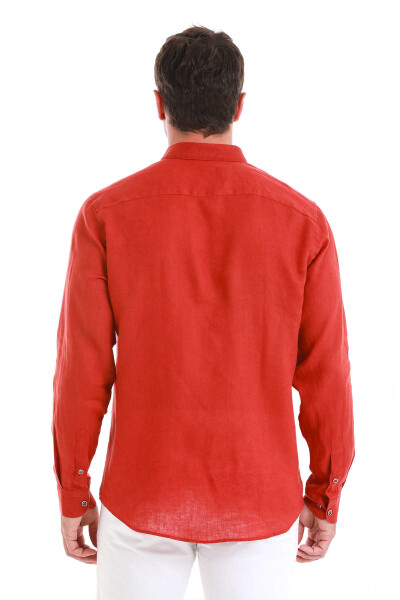 Turuncu Comfort Fit Düğmeli Yaka Uzun Kollu Keten Gömlek - 6