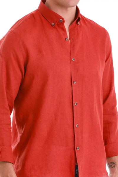 Turuncu Comfort Fit Düğmeli Yaka Uzun Kollu Keten Gömlek - 5