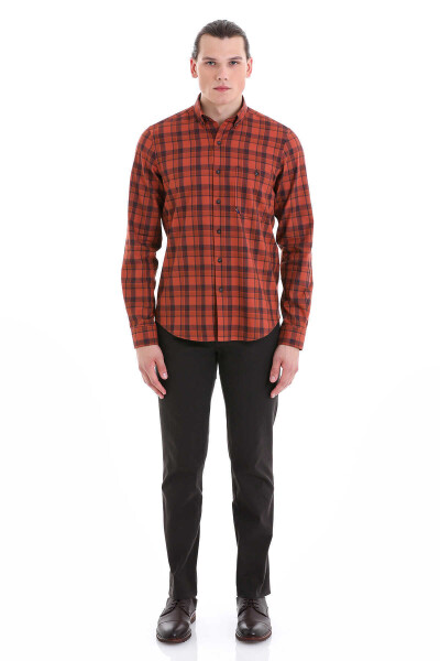 Turuncu Comfort Fit Kareli 100% Pamuk Düğmeli Yaka Uzun Kollu Klasik Gömlek - 2