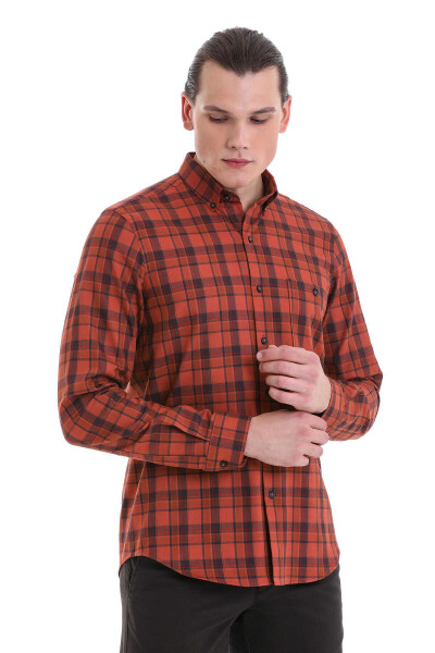 Turuncu Comfort Fit Kareli 100% Pamuk Düğmeli Yaka Uzun Kollu Klasik Gömlek - 4