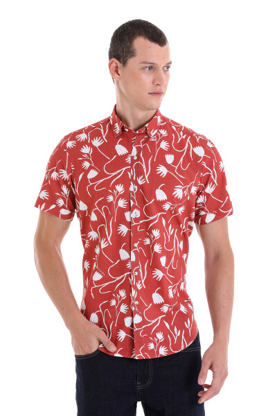 Turuncu Comfort Fit Baskılı Düğmeli Yaka 100% Pamuklu Kısa Kollu Casual Gömlek - 2