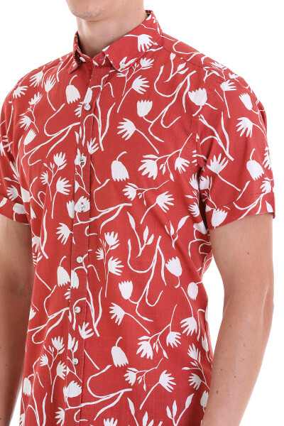 Turuncu Comfort Fit Baskılı Düğmeli Yaka 100% Pamuklu Kısa Kollu Casual Gömlek - 3