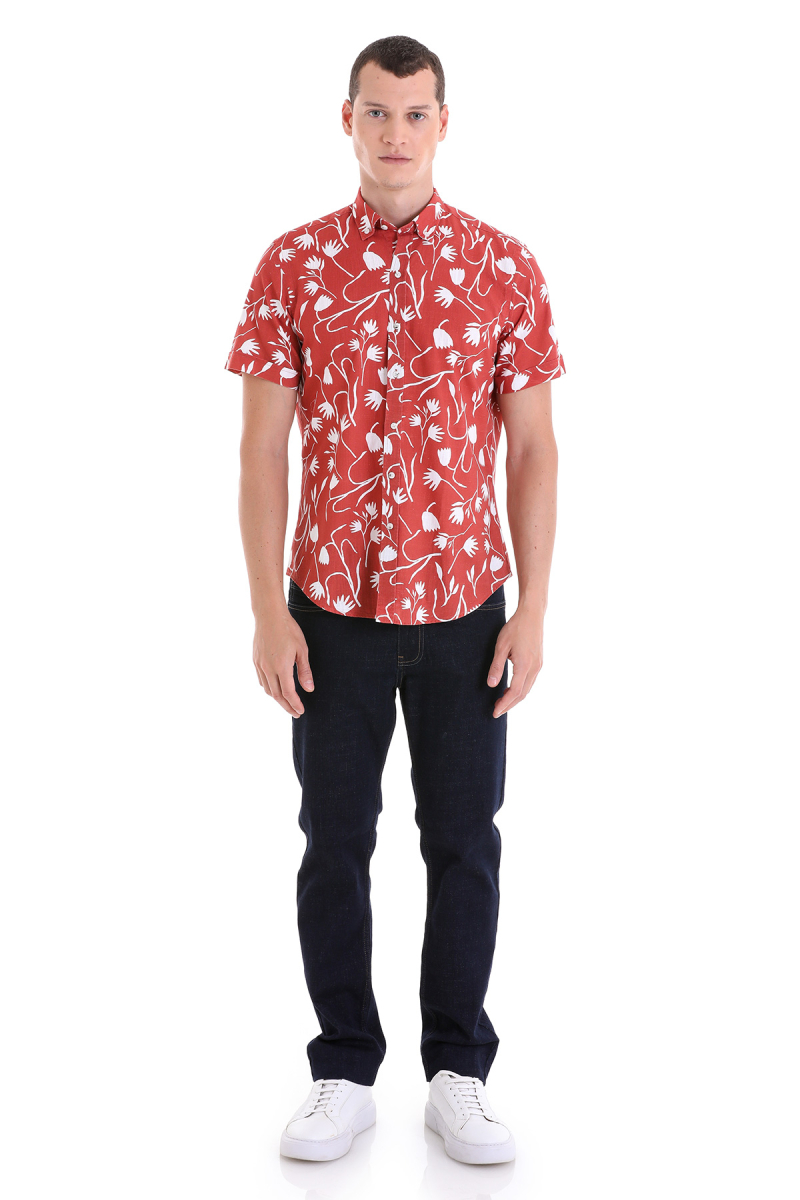 Turuncu Comfort Fit Baskılı Düğmeli Yaka 100% Pamuklu Kısa Kollu Casual Gömlek - HTML (1)