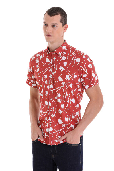 Turuncu Comfort Fit Baskılı Düğmeli Yaka 100% Pamuklu Kısa Kollu Casual Gömlek - 5