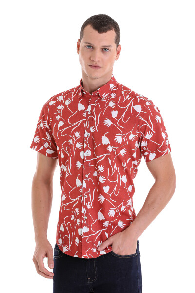 Turuncu Comfort Fit Baskılı Düğmeli Yaka 100% Pamuklu Kısa Kollu Casual Gömlek - 6