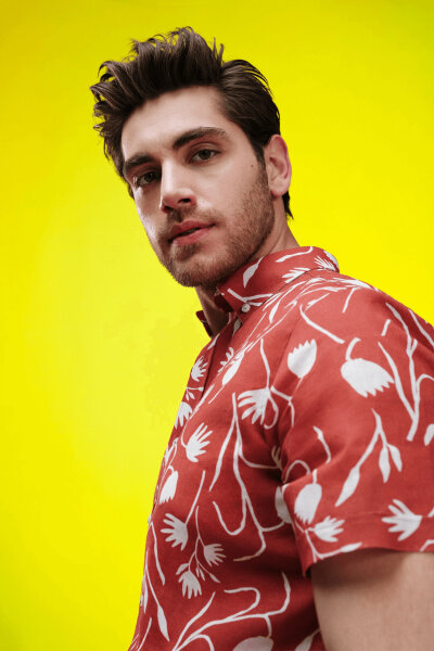 Turuncu Comfort Fit Baskılı Düğmeli Yaka 100% Pamuklu Kısa Kollu Casual Gömlek - 1