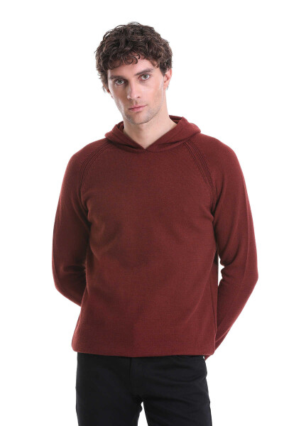 Kiremit Regular Fit Jakarlı Kapüşonlu Kazak 