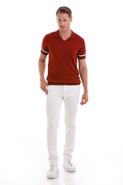 Kiremit Slim Fit Çizgili Polo Yaka Triko Tişört - 2