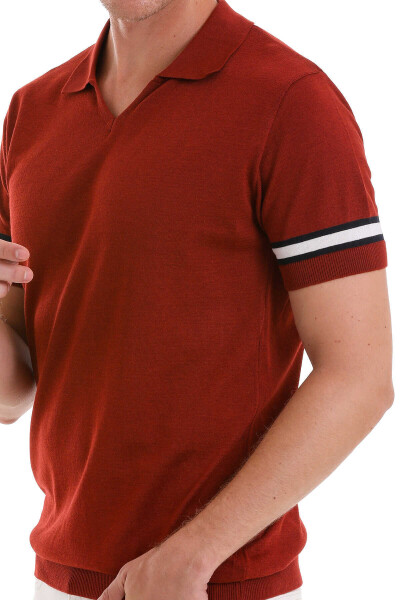 Kiremit Slim Fit Çizgili Polo Yaka Triko Tişört - 5