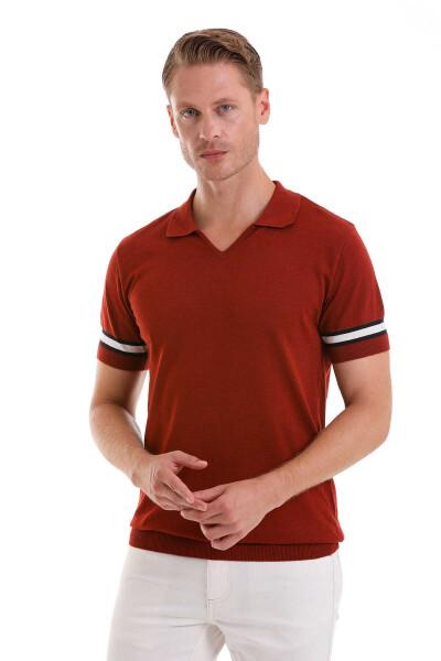 Kiremit Slim Fit Çizgili Polo Yaka Triko Tişört - 4