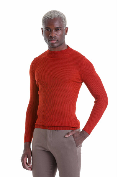 Turuncu Slim Fit Fitilli Yarım Balıkçı Yaka Yünlü Kazak - 3