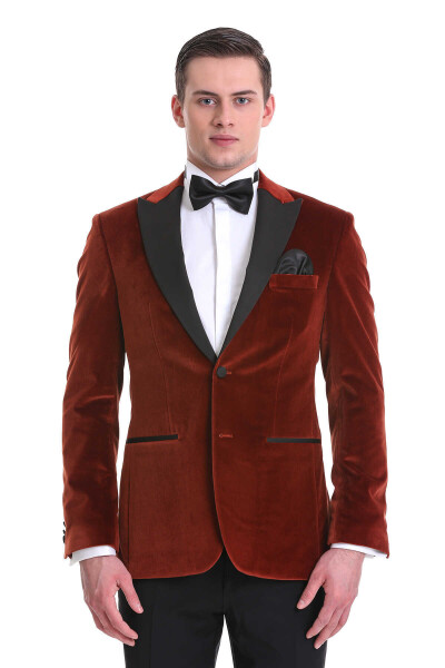 Kiremit Slim Fit Sivri Yaka Kadife Klasik Smokin Damatlık - 2