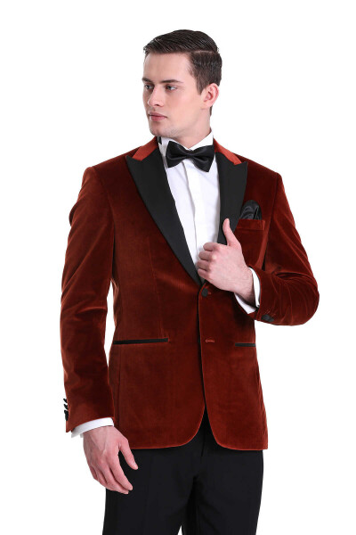 Kiremit Slim Fit Sivri Yaka Kadife Klasik Smokin Damatlık - 3