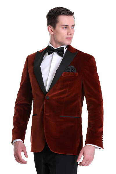 Kiremit Slim Fit Sivri Yaka Kadife Klasik Smokin Damatlık - 4