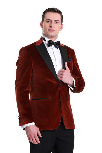 Kiremit Slim Fit Sivri Yaka Kadife Klasik Smokin Damatlık - 5