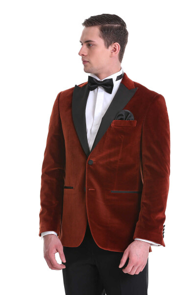 Kiremit Slim Fit Sivri Yaka Kadife Klasik Smokin Damatlık - 6
