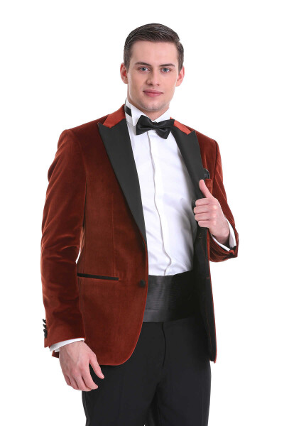 Kiremit Slim Fit Sivri Yaka Kadife Klasik Smokin Damatlık - 7