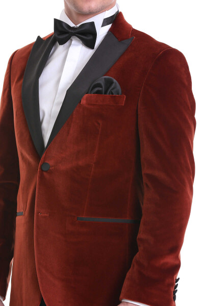 Kiremit Slim Fit Sivri Yaka Kadife Klasik Smokin Damatlık - 8