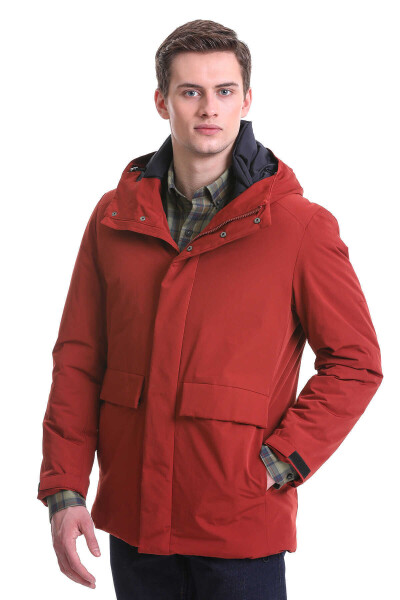 Kiremit Slim Fit Hakim Yaka Kapüşonlu Kaban - 4