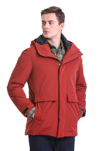 Kiremit Slim Fit Hakim Yaka Kapüşonlu Kaban - 5