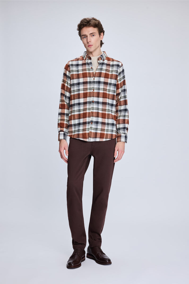 Kiremit Slim Fit Kareli Düğmeli Yaka Uzun Kollu Pamuklu Gömlek - Hatemoğlu (1)