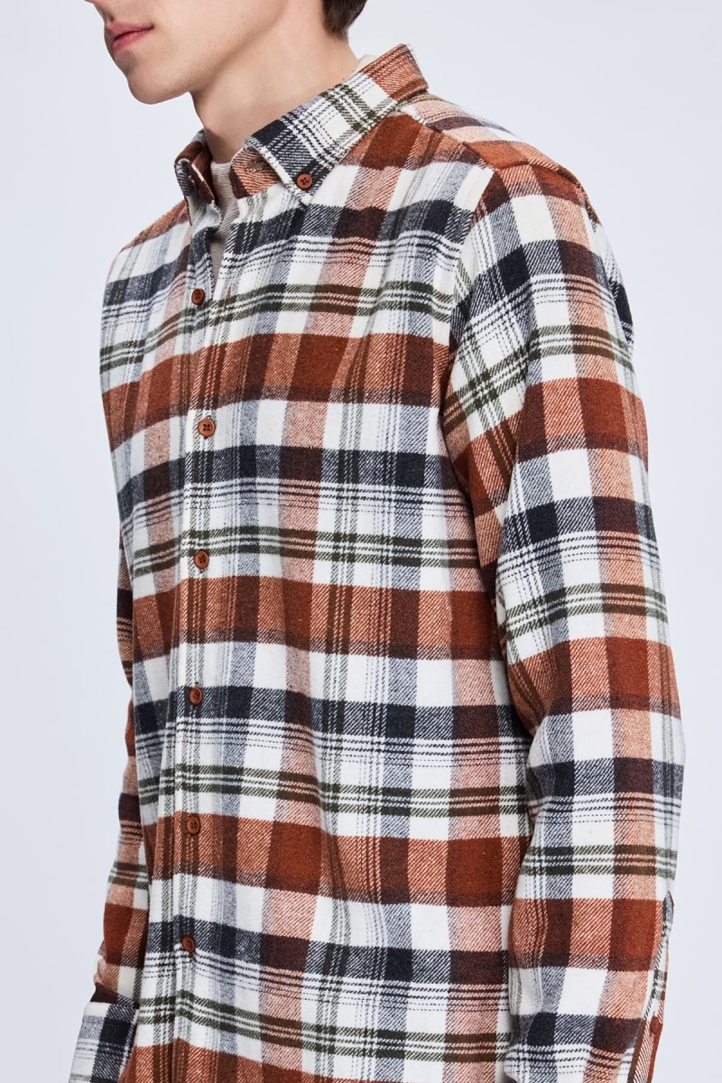 Kiremit Slim Fit Kareli Düğmeli Yaka Uzun Kollu Pamuklu Gömlek - Hatemoğlu (1)