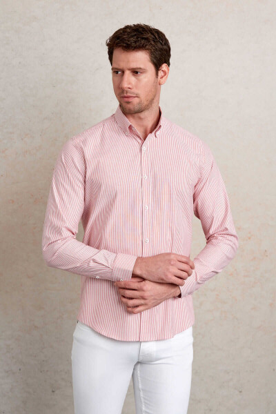 Kırmızı Slim Fit Çizgili Pamuklu Düğmeli Yaka Uzun Kollu Casual Gömlek - 9