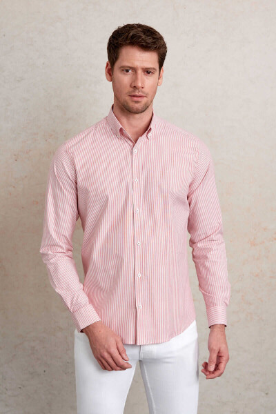 Kırmızı Slim Fit Çizgili Pamuklu Düğmeli Yaka Uzun Kollu Casual Gömlek - 2