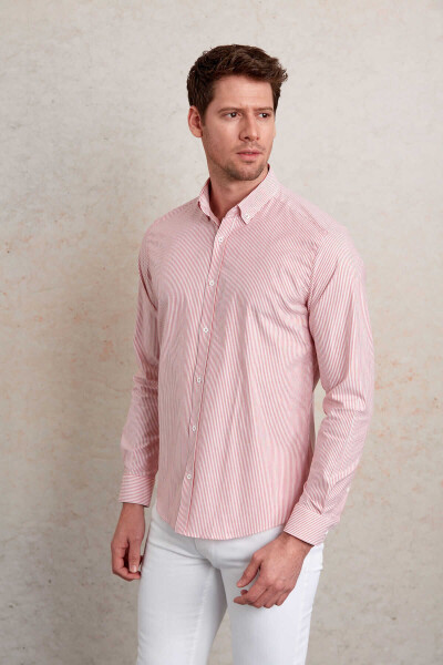 Kırmızı Slim Fit Çizgili Pamuklu Düğmeli Yaka Uzun Kollu Casual Gömlek - 4