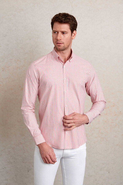 Kırmızı Slim Fit Çizgili Pamuklu Düğmeli Yaka Uzun Kollu Casual Gömlek - 6