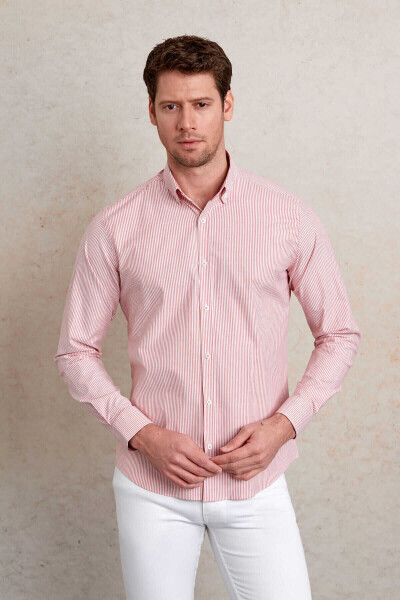 Kırmızı Slim Fit Çizgili Pamuklu Düğmeli Yaka Uzun Kollu Casual Gömlek - 8