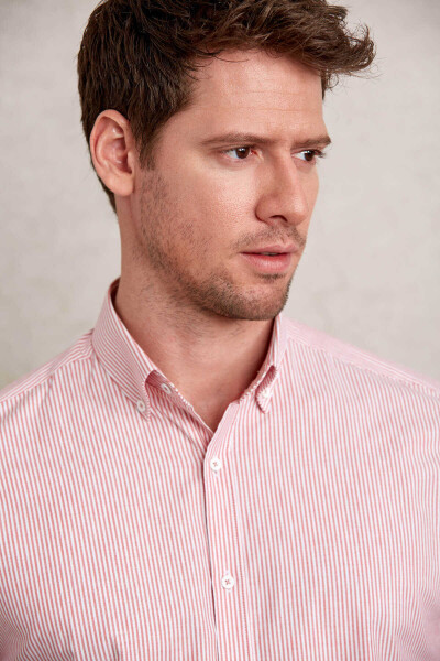 Kırmızı Slim Fit Çizgili Pamuklu Düğmeli Yaka Uzun Kollu Casual Gömlek - 12