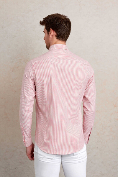 Kırmızı Slim Fit Çizgili Pamuklu Düğmeli Yaka Uzun Kollu Casual Gömlek - 14