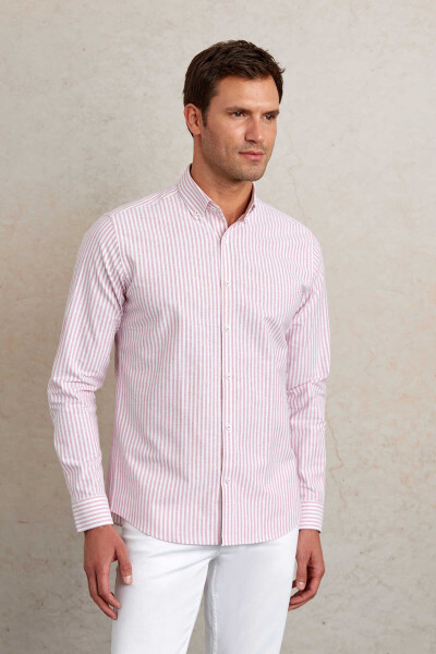 Kırmızı Slim Fit 100% Pamuk Düğmeli Yaka Uzun Kollu Klasik Gömlek - 2