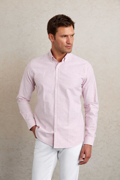 Kırmızı Slim Fit 100% Pamuk Düğmeli Yaka Uzun Kollu Klasik Gömlek - 3