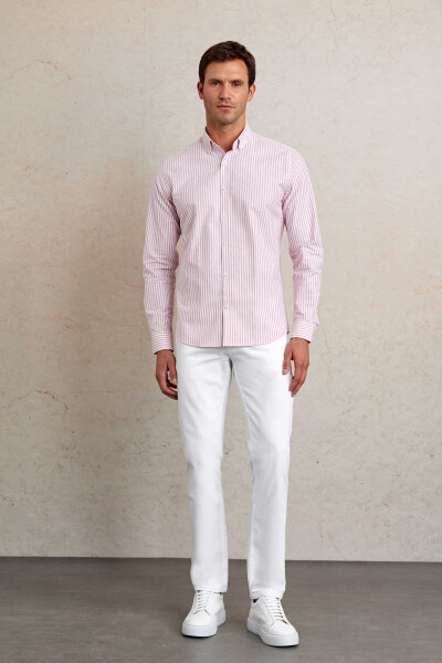 Kırmızı Slim Fit 100% Pamuk Düğmeli Yaka Uzun Kollu Klasik Gömlek - 4