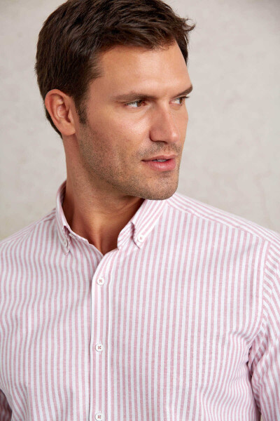 Kırmızı Slim Fit 100% Pamuk Düğmeli Yaka Uzun Kollu Klasik Gömlek - 5