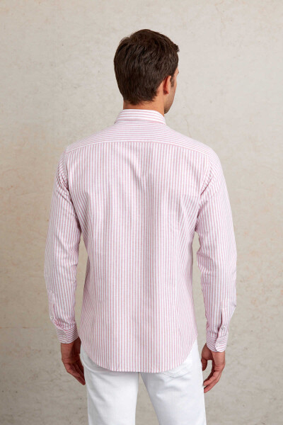 Kırmızı Slim Fit 100% Pamuk Düğmeli Yaka Uzun Kollu Klasik Gömlek - 6