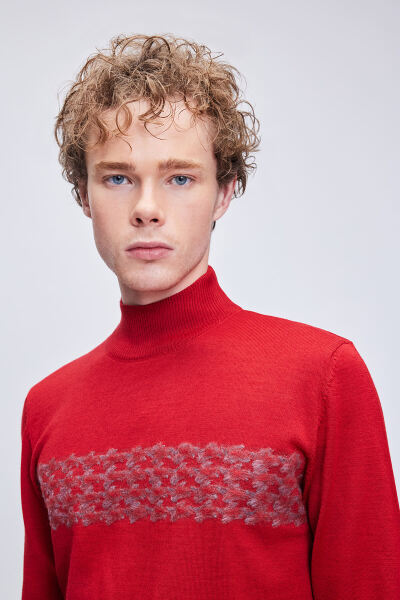 Kırmızı Regular Fit Jakarlı Yarım Balıkçı Yaka Yünlü Triko Kazak - 2