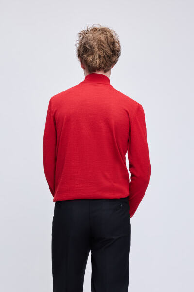Kırmızı Regular Fit Jakarlı Yarım Balıkçı Yaka Yünlü Triko Kazak - 5