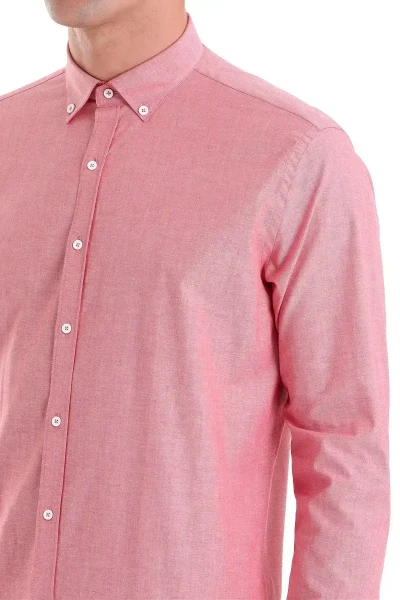 Kırmızı Slim Fit 100% Pamuk Düğmeli Yaka Uzun Kollu Klasik Gömlek - 6