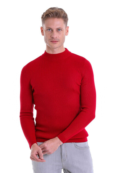 Kırmızı Slim Fit Fitilli Yarım Balıkçı Yaka Yünlü Kazak - 2