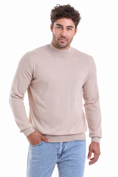 Bej Regular Fit Düz 100% Pamuk Yarım Balıkçı Yaka Triko Kazak - 1