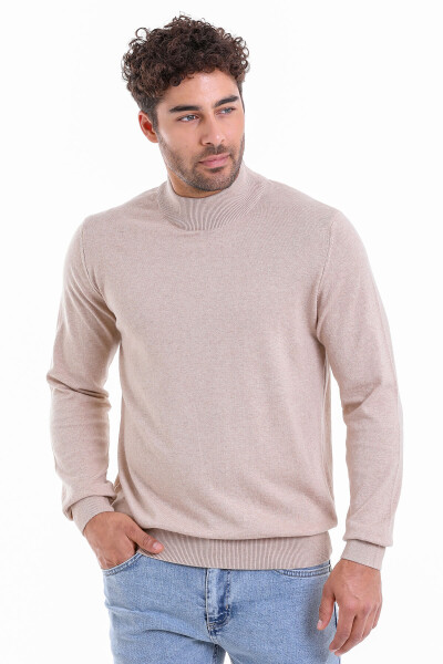 Bej Regular Fit Düz 100% Pamuk Yarım Balıkçı Yaka Triko Kazak - 3