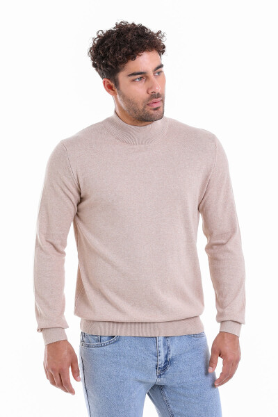 Bej Regular Fit Düz 100% Pamuk Yarım Balıkçı Yaka Triko Kazak - 5