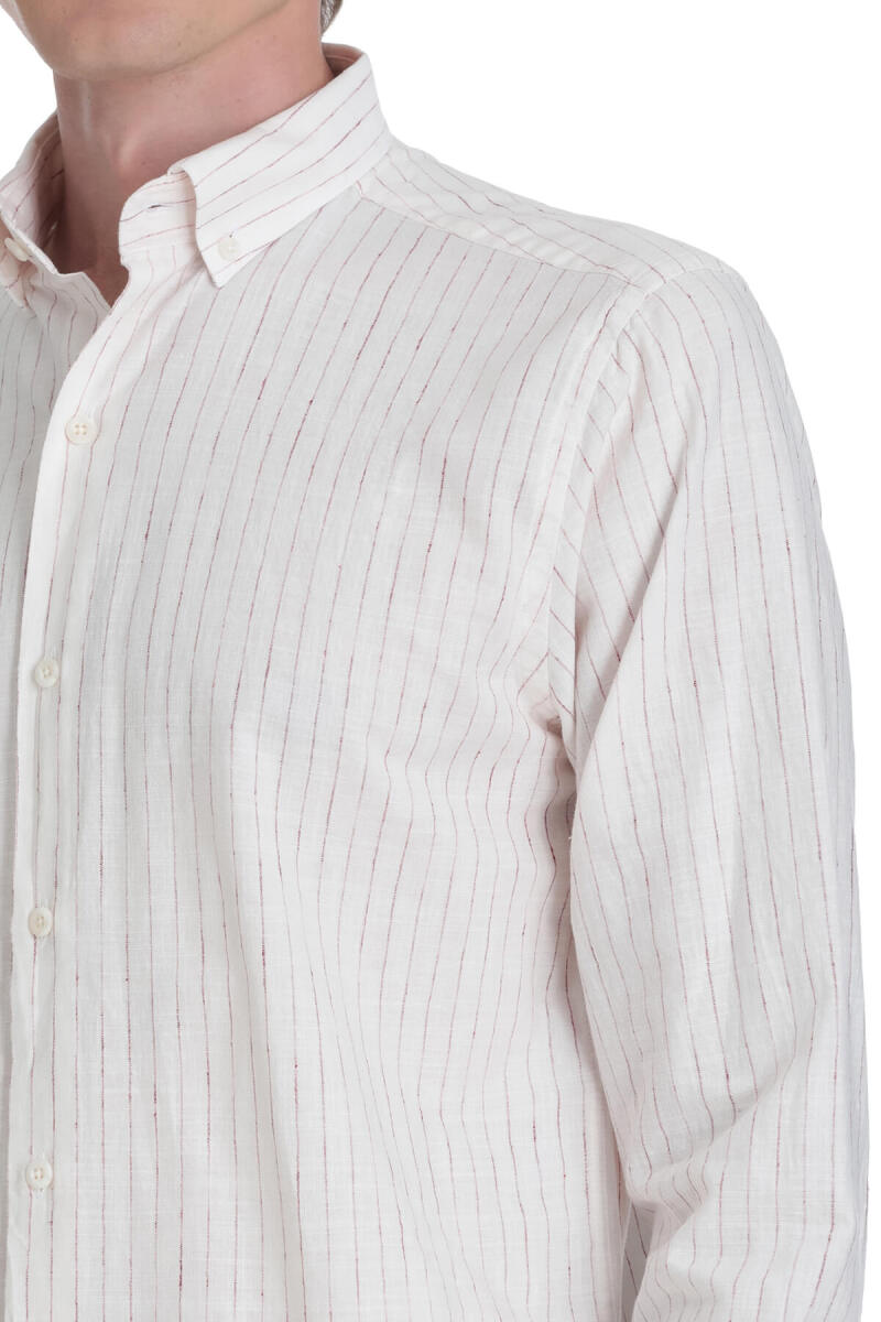 Krem Comfort Fit Çizgili Düğmeli Yaka Pamuk-Keten Uzun Kollu Gömlek - Saykı (1)