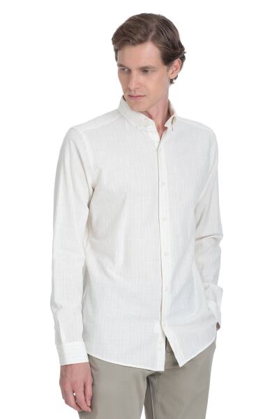 Krem Comfort Fit Çizgili Düğmeli Yaka Pamuk-Keten Uzun Kollu Gömlek - 3