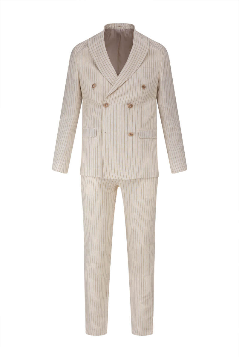 Krem Regular Fit Çizgili Kruvaze Keten Takım Elbise - Saykı (1)