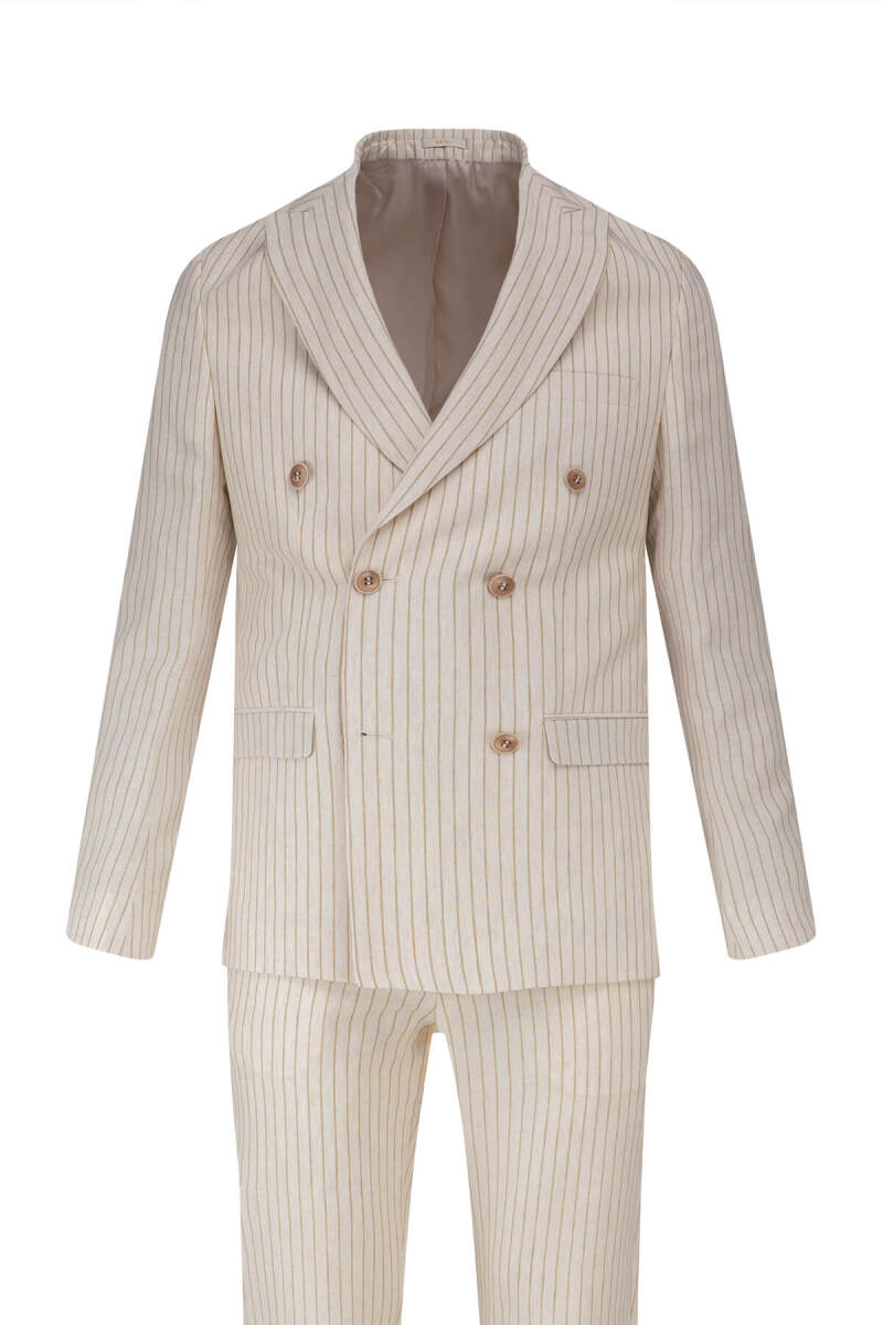 Krem Regular Fit Çizgili Kruvaze Keten Takım Elbise - Saykı (1)