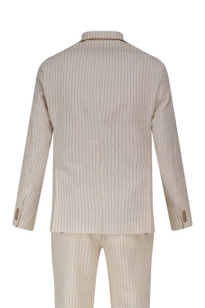 Krem Regular Fit Çizgili Kruvaze Keten Takım Elbise - 5